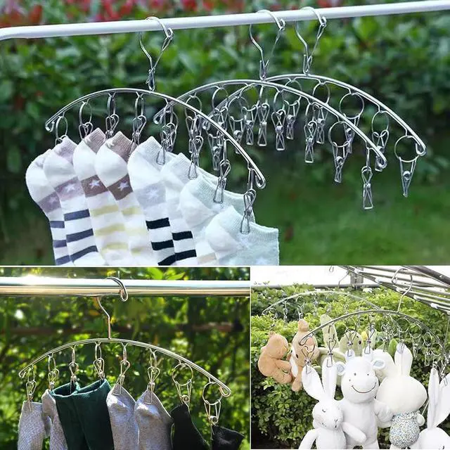 Alt view image 4 of 7 - Stainless Steel Laundry Drying Rack Clothes Hanger with Windproof Hook,Underwear Hanger,Clothes Hangers with 8 Clips for Drying Socks,Diapers,Baby Clothes (3 Pack)