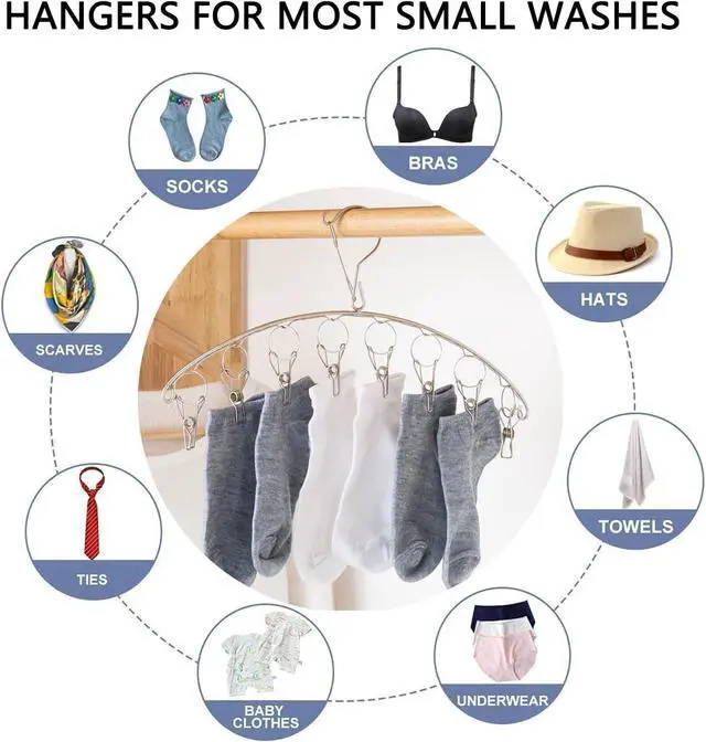 Alt view image 6 of 7 - Stainless Steel Laundry Drying Rack Clothes Hanger with Windproof Hook,Underwear Hanger,Clothes Hangers with 8 Clips for Drying Socks,Diapers,Baby Clothes (3 Pack)