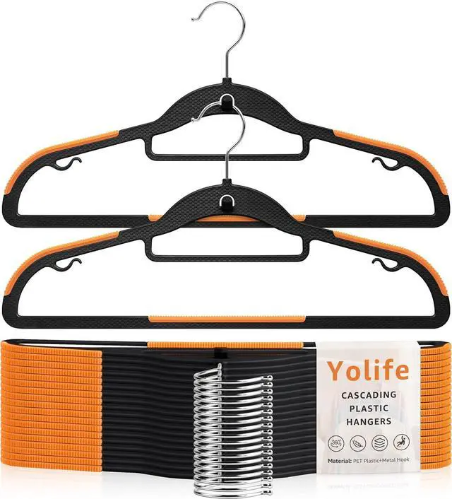 Main image of Yolife Cascading Plastic Clothes Hangers 10 Pack with Inner Hook for Vertical Storage, Slim Space Saving Hangers with Non-Slip Pads, 360° Swivel Metal Hook, Versatile, Black & Orange