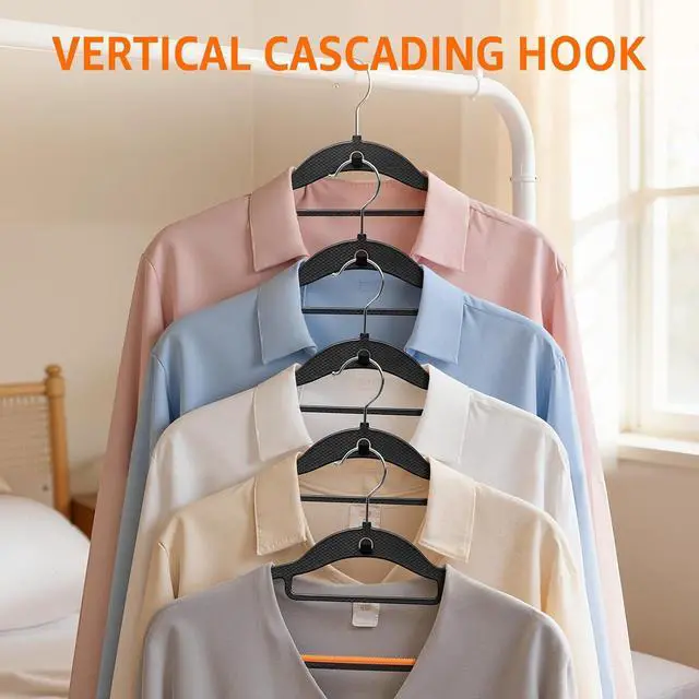 Alt view image 2 of 7 - Yolife Cascading Plastic Clothes Hangers 10 Pack with Inner Hook for Vertical Storage, Slim Space Saving Hangers with Non-Slip Pads, 360° Swivel Metal Hook, Versatile, Black & Orange