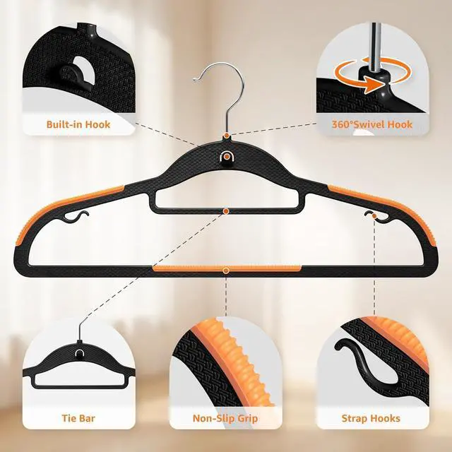 Alt view image 3 of 7 - Yolife Cascading Plastic Clothes Hangers 10 Pack with Inner Hook for Vertical Storage, Slim Space Saving Hangers with Non-Slip Pads, 360° Swivel Metal Hook, Versatile, Black & Orange