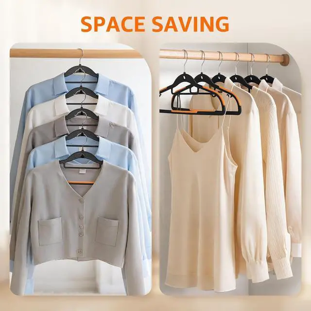 Alt view image 4 of 7 - Yolife Cascading Plastic Clothes Hangers 10 Pack with Inner Hook for Vertical Storage, Slim Space Saving Hangers with Non-Slip Pads, 360° Swivel Metal Hook, Versatile, Black & Orange