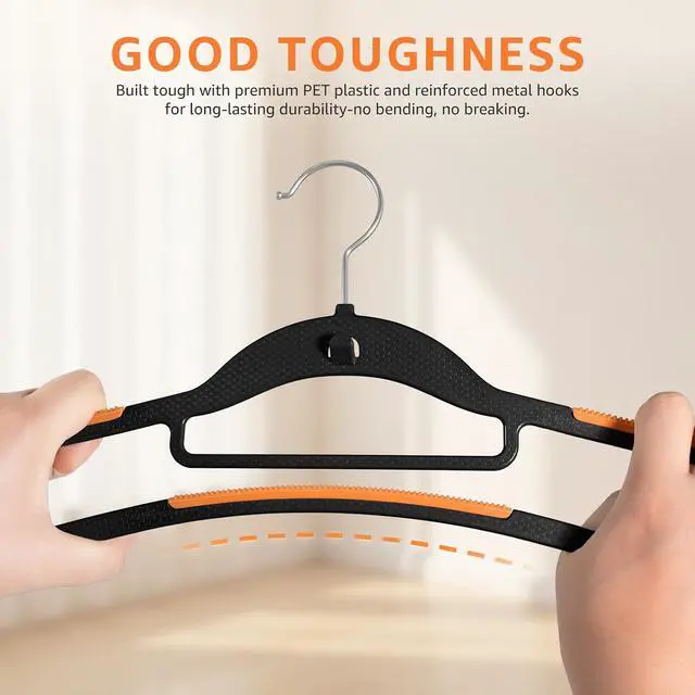 Alt view image 6 of 7 - Yolife Cascading Plastic Clothes Hangers 10 Pack with Inner Hook for Vertical Storage, Slim Space Saving Hangers with Non-Slip Pads, 360° Swivel Metal Hook, Versatile, Black & Orange