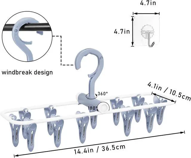 Alt view image 2 of 6 - Clothes Drying Hanger with 12 Clips, 2 Pack Folding Portable Hanging Drying Rack,Drip Foldable Hanging Rack, 360° Rotatable Hook for Drying Towels Bras Baby Clothes Gloves Plastic(Blue&Green)
