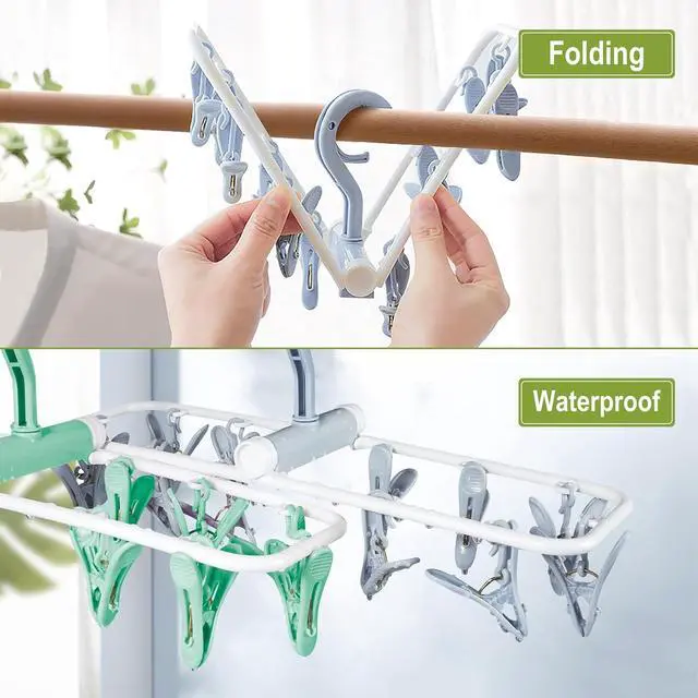 Alt view image 3 of 6 - Clothes Drying Hanger with 12 Clips, 2 Pack Folding Portable Hanging Drying Rack,Drip Foldable Hanging Rack, 360° Rotatable Hook for Drying Towels Bras Baby Clothes Gloves Plastic(Blue&Green)