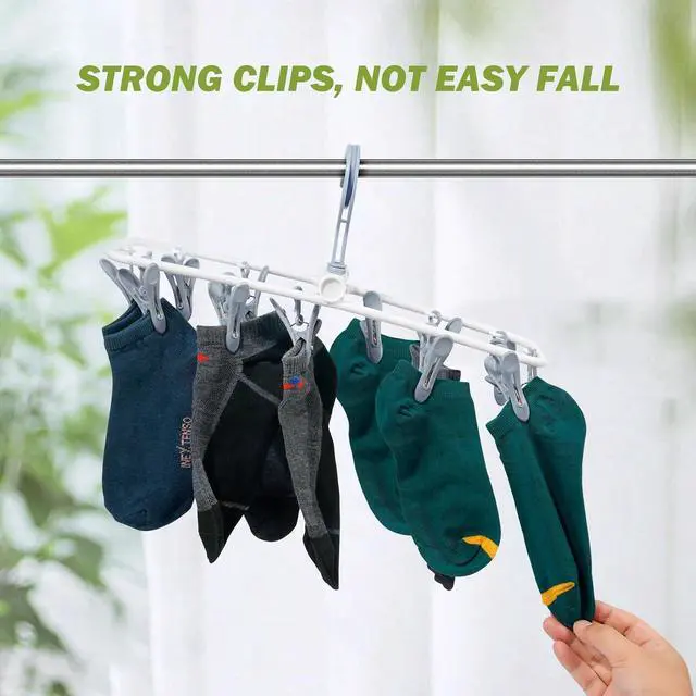 Alt view image 4 of 6 - Clothes Drying Hanger with 12 Clips, 2 Pack Folding Portable Hanging Drying Rack,Drip Foldable Hanging Rack, 360° Rotatable Hook for Drying Towels Bras Baby Clothes Gloves Plastic(Blue&Green)
