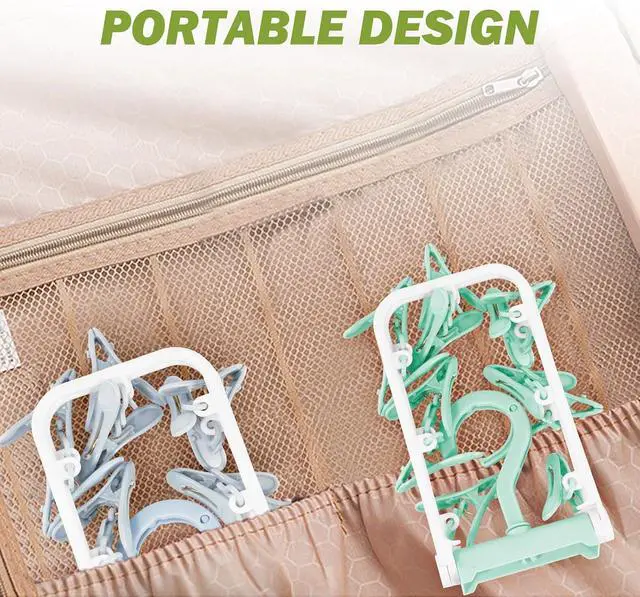 Alt view image 6 of 6 - Clothes Drying Hanger with 12 Clips, 2 Pack Folding Portable Hanging Drying Rack,Drip Foldable Hanging Rack, 360° Rotatable Hook for Drying Towels Bras Baby Clothes Gloves Plastic(Blue&Green)