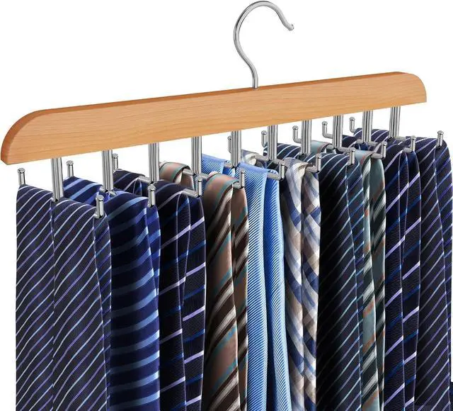 Main image of Tie Rack Hanger for Closet, 2 in 1 Belt Tie Hangers with 20 Folding Hooks, 360 Degree Rotating Wooden Tie Holder Organizer for Men Ties Belts Scarves Tank Tops Accessories, Wood (1 Pack)