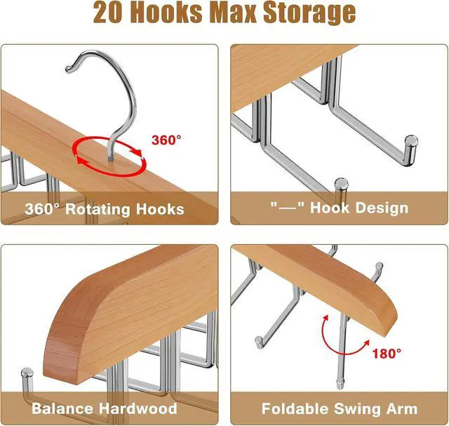 Alt view image 2 of 7 - Tie Rack Hanger for Closet, 2 in 1 Belt Tie Hangers with 20 Folding Hooks, 360 Degree Rotating Wooden Tie Holder Organizer for Men Ties Belts Scarves Tank Tops Accessories, Wood (1 Pack)