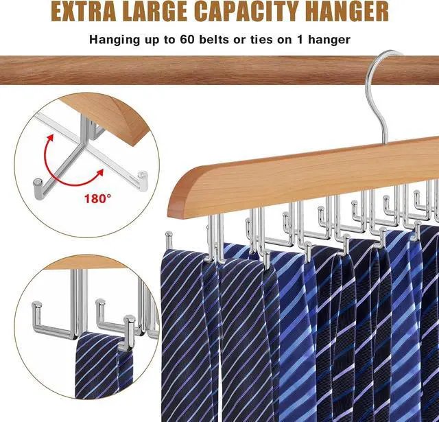 Alt view image 4 of 7 - Tie Rack Hanger for Closet, 2 in 1 Belt Tie Hangers with 20 Folding Hooks, 360 Degree Rotating Wooden Tie Holder Organizer for Men Ties Belts Scarves Tank Tops Accessories, Wood (1 Pack)