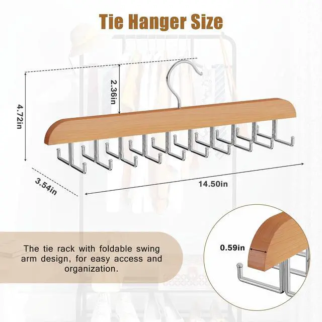 Alt view image 5 of 7 - Tie Rack Hanger for Closet, 2 in 1 Belt Tie Hangers with 20 Folding Hooks, 360 Degree Rotating Wooden Tie Holder Organizer for Men Ties Belts Scarves Tank Tops Accessories, Wood (1 Pack)