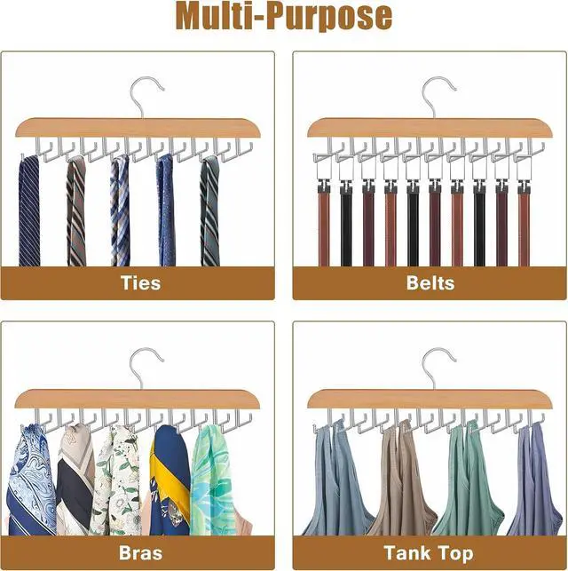 Alt view image 7 of 7 - Tie Rack Hanger for Closet, 2 in 1 Belt Tie Hangers with 20 Folding Hooks, 360 Degree Rotating Wooden Tie Holder Organizer for Men Ties Belts Scarves Tank Tops Accessories, Wood (1 Pack)