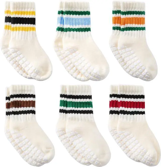 Main image of Toddler Grip Socks with Non-Slip, Retro Stripe Thick Cotton Baby Crew Socks | Anti Slip, Seamless, Large square-shaped grip, Breathable, Soft, Elastic,Warm Winter socks, 6 pairs, Good looking, Cute