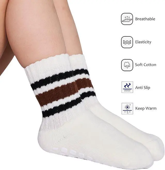 Alt view image 3 of 7 - Toddler Grip Socks with Non-Slip, Retro Stripe Thick Cotton Baby Crew Socks | Anti Slip, Seamless, Large square-shaped grip, Breathable, Soft, Elastic,Warm Winter socks, 6 pairs, Good looking, Cute