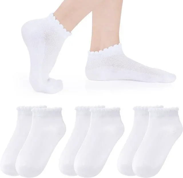 Main image of 3 Pairs Girls Ruffle Socks Mesh Thin White School Uniform Cotton Crew Socks | Ruffle Dress Socks,Breathable Mesh,School Uniform Ankle Frilly Socks for Toddler Girls