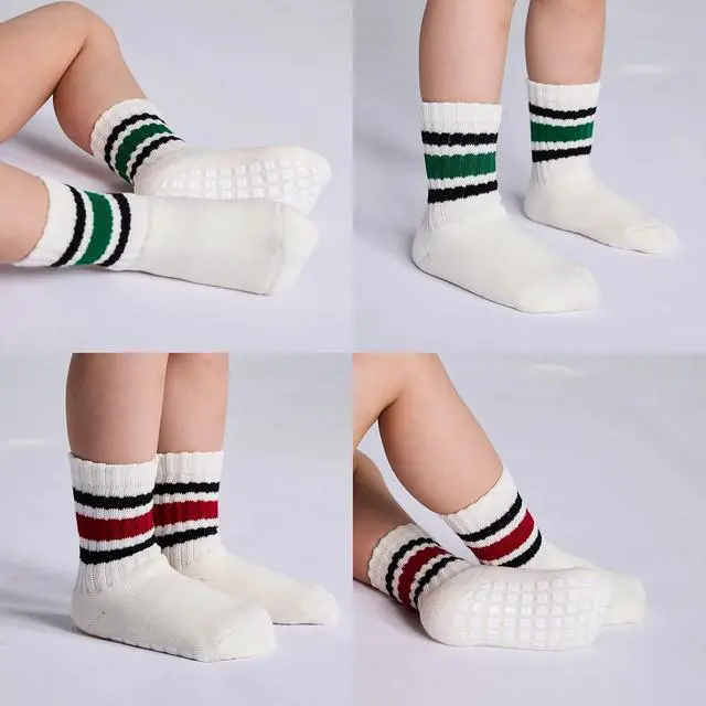 Alt view image 4 of 7 - Toddler Grip Socks with Non-Slip, Retro Stripe Thick Cotton Baby Crew Socks | Anti Slip, Seamless, Large square-shaped grip, Breathable, Soft, Elastic,Warm Winter socks, 6 pairs, Good looking, Cute