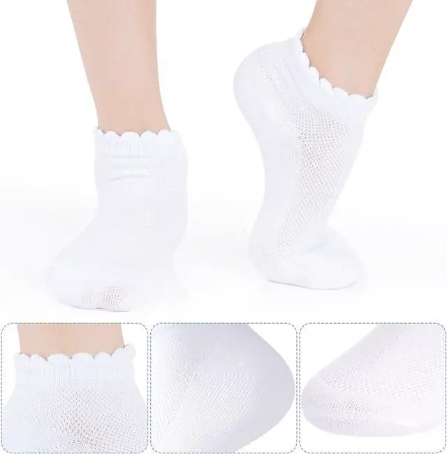 Alt view image 2 of 7 - 3 Pairs Girls Ruffle Socks Mesh Thin White School Uniform Cotton Crew Socks | Ruffle Dress Socks,Breathable Mesh,School Uniform Ankle Frilly Socks for Toddler Girls