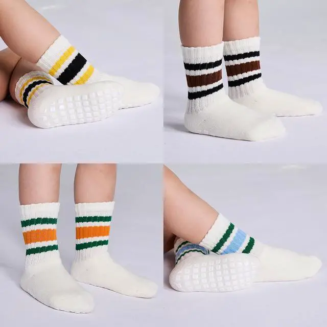 Alt view image 5 of 7 - Toddler Grip Socks with Non-Slip, Retro Stripe Thick Cotton Baby Crew Socks | Anti Slip, Seamless, Large square-shaped grip, Breathable, Soft, Elastic,Warm Winter socks, 6 pairs, Good looking, Cute