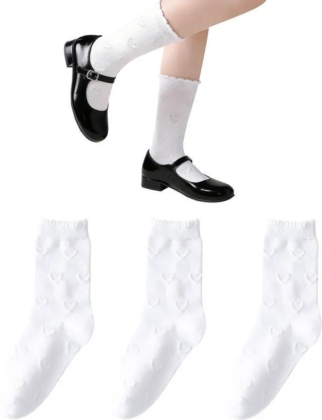 Main image of Girls White Dressy Socks Soft Cotton Ruffle Sock School Uniform Sock Heart Bow Design For kids
