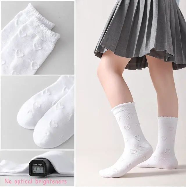 Alt view image 2 of 7 - Girls White Dressy Socks Soft Cotton Ruffle Sock School Uniform Sock Heart Bow Design For kids