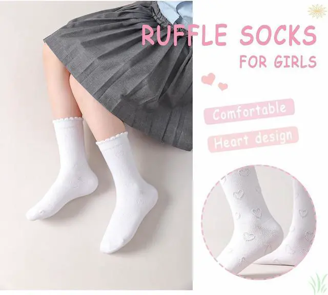 Alt view image 3 of 7 - Girls White Dressy Socks Soft Cotton Ruffle Sock School Uniform Sock Heart Bow Design For kids