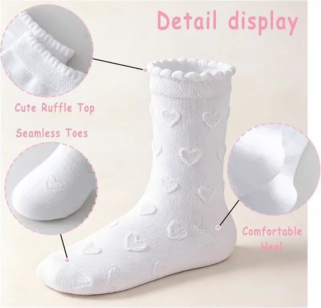 Alt view image 5 of 7 - Girls White Dressy Socks Soft Cotton Ruffle Sock School Uniform Sock Heart Bow Design For kids