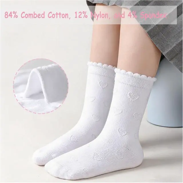 Alt view image 4 of 7 - Girls White Dressy Socks Soft Cotton Ruffle Sock School Uniform Sock Heart Bow Design For kids