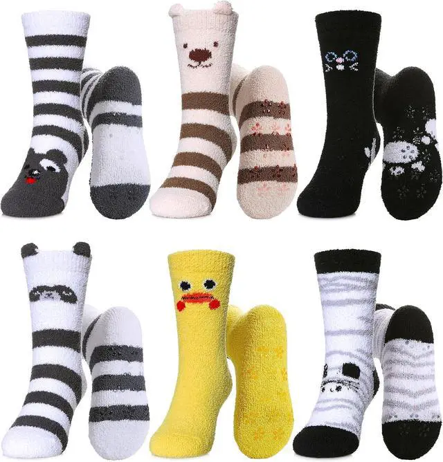 Main image of LINEMIN Kids Fuzzy Socks Boys Girls with Grips Non Slip Slipper Socks Cozy Fluffy Winter Warm Crew Socks 6 Pairs