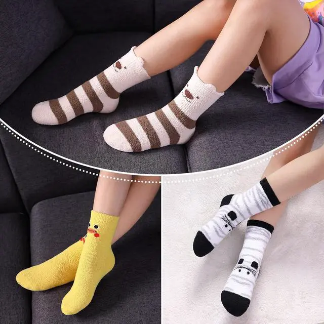 Alt view image 3 of 6 - LINEMIN Kids Fuzzy Socks Boys Girls with Grips Non Slip Slipper Socks Cozy Fluffy Winter Warm Crew Socks 6 Pairs