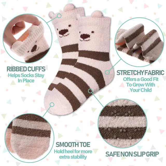 Alt view image 4 of 6 - LINEMIN Kids Fuzzy Socks Boys Girls with Grips Non Slip Slipper Socks Cozy Fluffy Winter Warm Crew Socks 6 Pairs