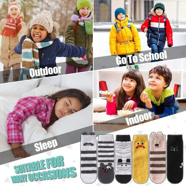 Alt view image 6 of 6 - LINEMIN Kids Fuzzy Socks Boys Girls with Grips Non Slip Slipper Socks Cozy Fluffy Winter Warm Crew Socks 6 Pairs