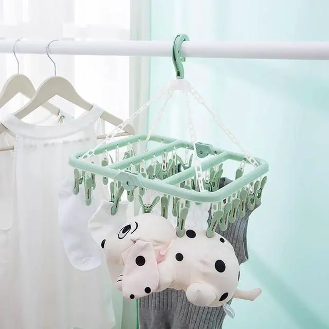 Alt view image 5 of 7 - SteelFever Clothes Drying Hanger with 32 Clips, Foldable Hanging Drying Rack for Clothes Underwear Socks (Light Green)
