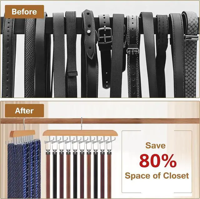 Alt view image 3 of 7 - Tie Rack Hanger for Closet, 2 in 1 Belt Tie Hangers with 20 Folding Hooks, 360 Degree Rotating Wooden Tie Holder Organizer for Men Ties Belts Scarves Tank Tops Accessories, Wood (1 Pack)