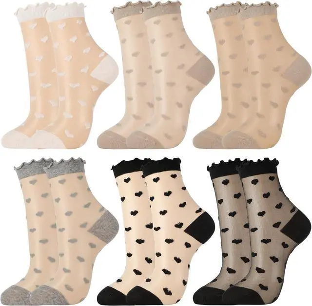 Main image of 6 Pairs Women Sheer Ruffle Socks | Cute Polka Dot Summer Mesh Nylon Socks Summer Thin Lace See Through Sock