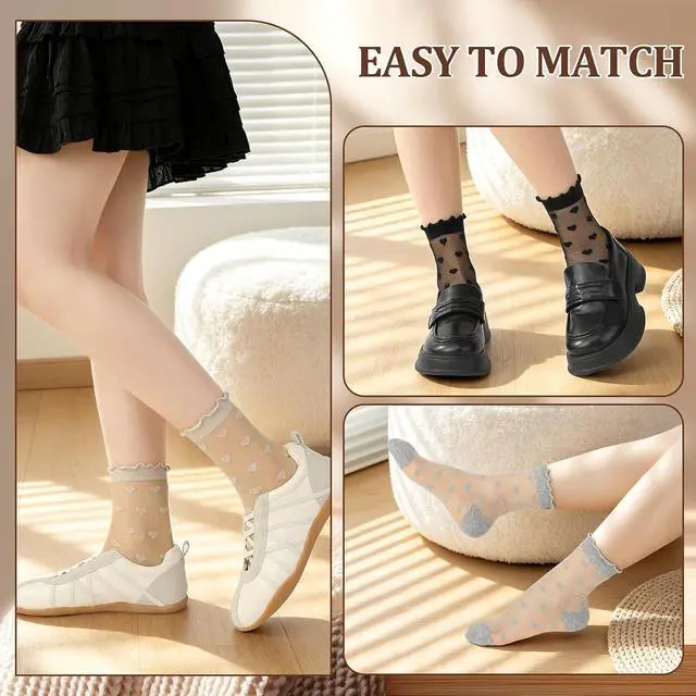 Alt view image 2 of 7 - 6 Pairs Women Sheer Ruffle Socks | Cute Polka Dot Summer Mesh Nylon Socks Summer Thin Lace See Through Sock