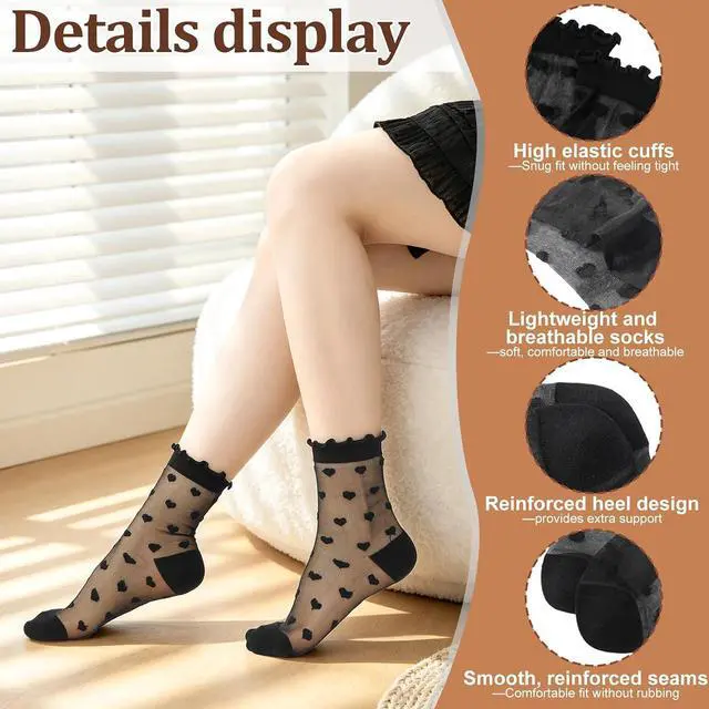 Alt view image 3 of 7 - 6 Pairs Women Sheer Ruffle Socks | Cute Polka Dot Summer Mesh Nylon Socks Summer Thin Lace See Through Sock