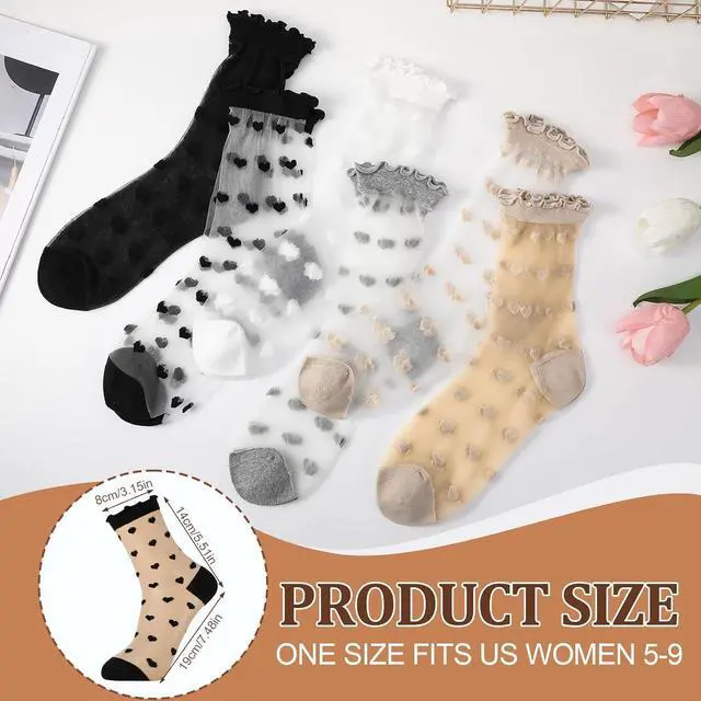 Alt view image 4 of 7 - 6 Pairs Women Sheer Ruffle Socks | Cute Polka Dot Summer Mesh Nylon Socks Summer Thin Lace See Through Sock