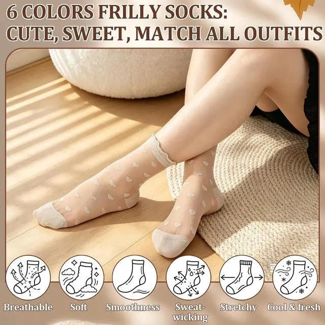 Alt view image 5 of 7 - 6 Pairs Women Sheer Ruffle Socks | Cute Polka Dot Summer Mesh Nylon Socks Summer Thin Lace See Through Sock