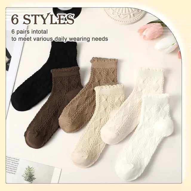 Alt view image 7 of 7 - 6 Pairs Ankle Ruffle Socks Cute Frilly Comfort Breathable Cotton