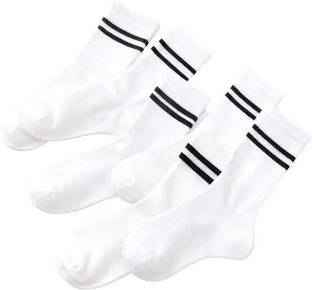 Main image of Womens Retro Double Stripe Crew Socks Soft Polyester Casual Mid-Calf 6 Pairs Pack, Size 5-10