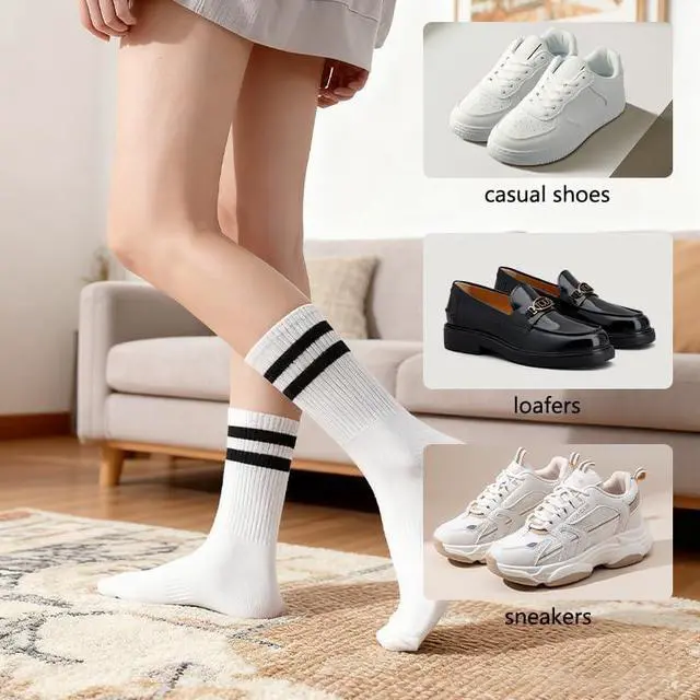 Alt view image 3 of 5 - Womens Retro Double Stripe Crew Socks Soft Polyester Casual Mid-Calf 6 Pairs Pack, Size 5-10