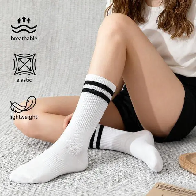 Alt view image 4 of 5 - Womens Retro Double Stripe Crew Socks Soft Polyester Casual Mid-Calf 6 Pairs Pack, Size 5-10