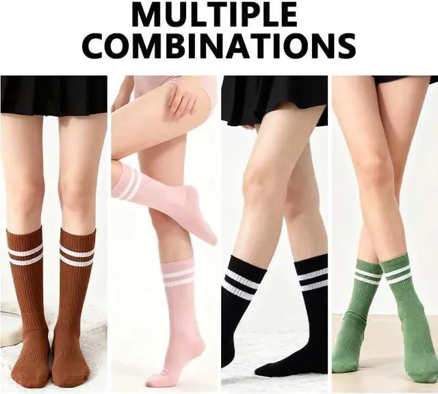 Alt view image 5 of 5 - Womens Retro Double Stripe Crew Socks Soft Polyester Casual Mid-Calf 6 Pairs Pack, Size 5-10