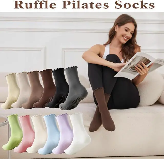 Alt view image 2 of 6 - 4 Pairs Ruffle Yoga Socks for Women,Cute Frilly Non-Slip Grips Socks for Pilates,Fitness,Hospital,Pregnant