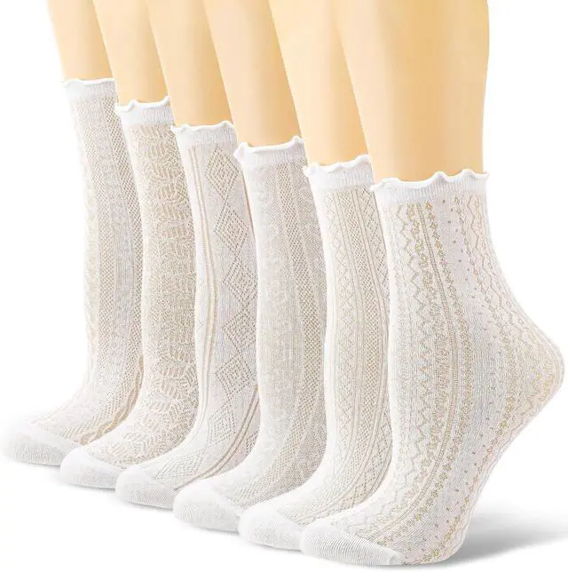 Main image of Cute Ruffle Lace Socks Summer Ultra Thin Mesh Crew Socks | 6/8 Pcs Casual Cotton Frilly Floral Ankle Sock for Women Girls