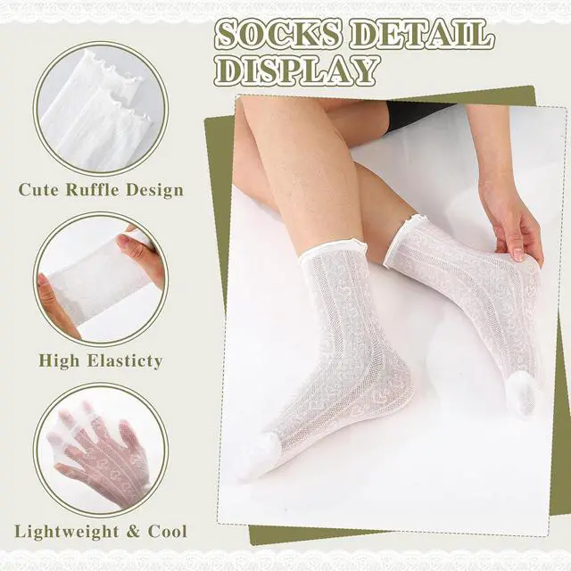 Alt view image 4 of 7 - Cute Ruffle Lace Socks Summer Ultra Thin Mesh Crew Socks | 6/8 Pcs Casual Cotton Frilly Floral Ankle Sock for Women Girls