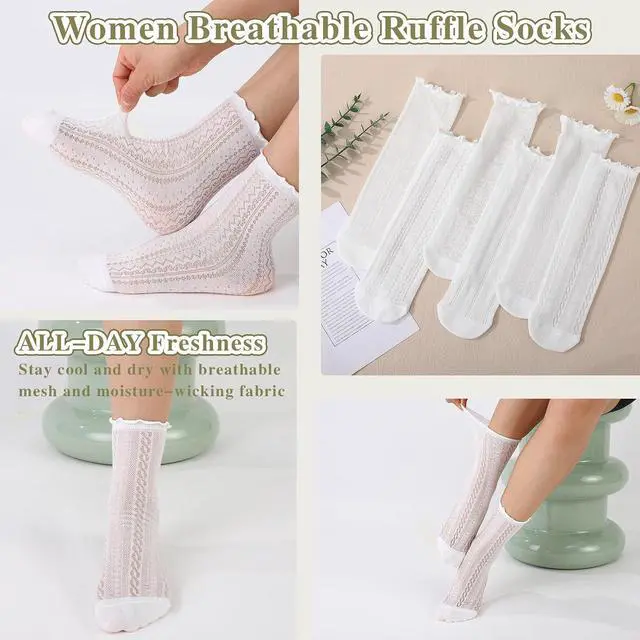 Alt view image 6 of 7 - Cute Ruffle Lace Socks Summer Ultra Thin Mesh Crew Socks | 6/8 Pcs Casual Cotton Frilly Floral Ankle Sock for Women Girls
