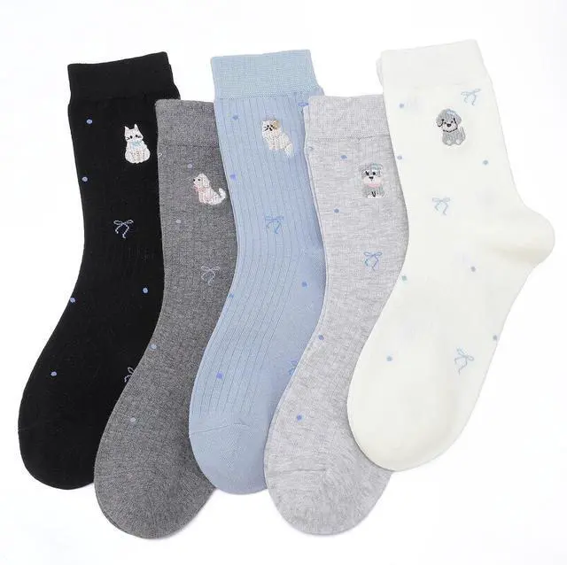 Main image of 5/6 Pairs Women Cute Dachshund Balloon Embroidery Cotton Socks | Kitten Embroidered Funny Novelty Splicing Socks Animal Crew Sock for Cats Lovers Gift