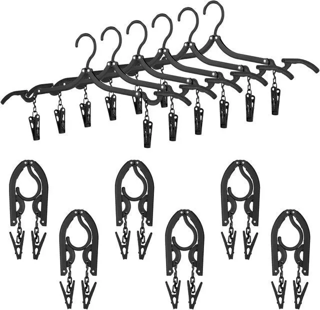 Main image of Folding Travel Hangers Foldable with Clips Folding Clothes Hangers Portable Foldable Hangers Collapsible Coat Hanger Travel Drying Rack for Clothes (Black, 12 Pieces)
