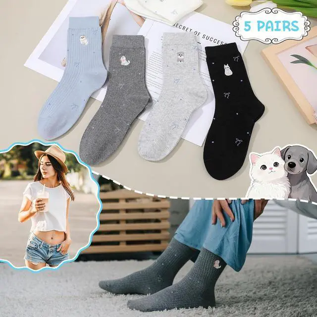 Alt view image 2 of 7 - 5/6 Pairs Women Cute Dachshund Balloon Embroidery Cotton Socks | Kitten Embroidered Funny Novelty Splicing Socks Animal Crew Sock for Cats Lovers Gift